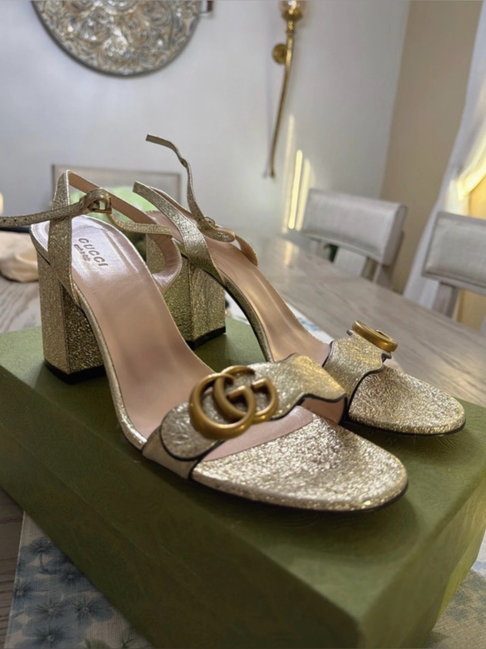 Gucci Gold Glitter Block-Heel Sandals with Double G Buckle